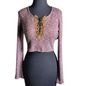 Shelly women’s size large burgundy heather rib knit lace up crop long sleeve top